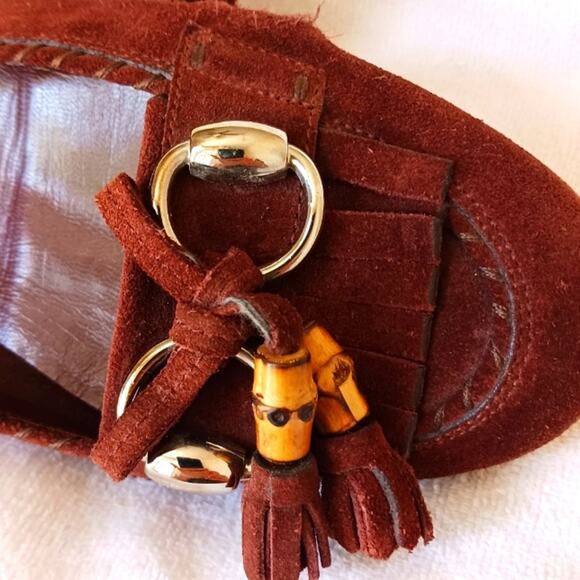 Gucci Horsebit Loafers Sz 6.5 B Suede Leather Bamboo Tassel Glam Italy has Flaw - Picture 4 of 14
